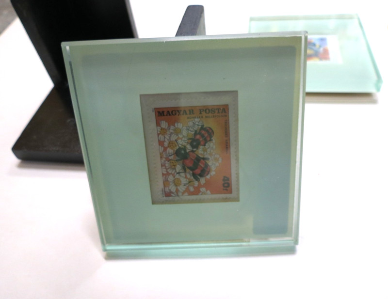 Bee postage stamps in glass frame coasters Vintage
