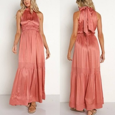 Cleobella Margot Ankle Dress rose pink tiered halter neck bow satin maxi boho M