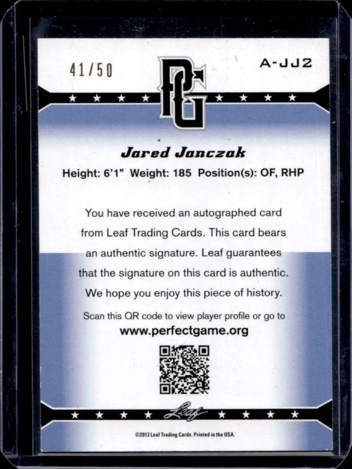 2013 Leaf Perfect Game Jared Janczak Auto Gold #41/50 - Image 2 of 2