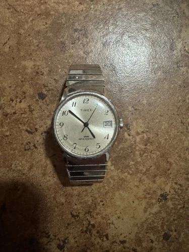 Vintage Timex 34mm Silver Tone Automatic Date Watch w/Stretch Flex Band As Is