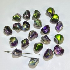 Czech Pressed Fancy Glass Beads Crystal Green Peacock coated 12x10mm 14x12mm