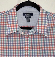 Chaps NO IRON Shirt Button Front Top Pink Blue Check Plaid 3/4 Sleeve Womens XL