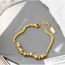 Woman 18K Gold Plated Stainless Steel Frosted Bead Ball Chain Bracelet Bangle