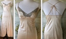 VTG USA NIGHT GOWN PEIGNOIR ECRU GRAY LACE NYLON TRICOT SPAGHETTI STRAP EUC 34