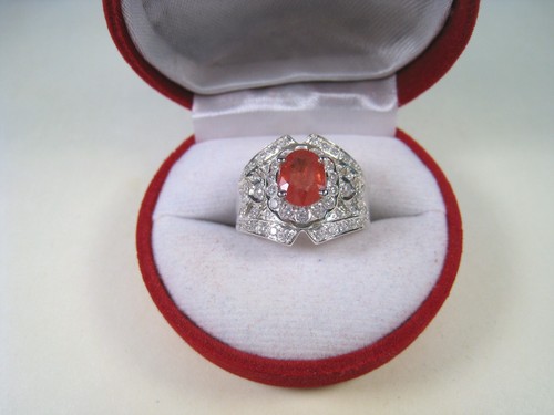 ORANGE & WHITE SAPPHIRE RING 1.86 CTW #7.75 WHITE GOLD over 925 STERLING SILVER - Picture 3 of 11