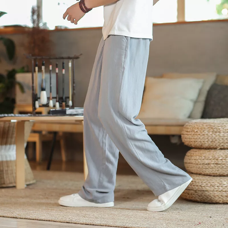 Men's Casual Thin Linen Pants Straight Loose Wide Leg Pants Yoga Sports  Trousers