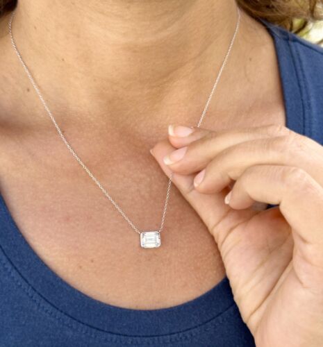Set Ciondolo Moissanite Taglio Smeraldo E Lunetta Catena Oro Bianco Solido 14k 2,00ct - Foto 4 di 13