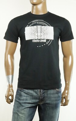 New Mens Roberto Cavalli Signature Crew Neck Black Graphic Tee T Shirt L