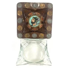 VINTAGE TABLE ASHTRAY CERAMIC AND GLASS 2 PIECE PAINTED COIN DESIGN (Chips)