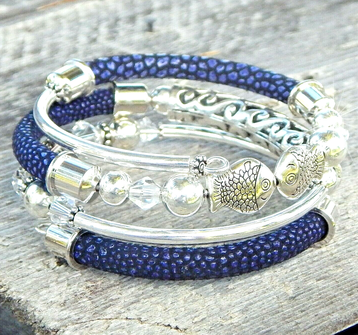 Handmade USA Memory Wire Bracelet with Kissing Fish & Swarovski Crystals-image