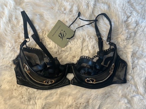 Honey Birdette CLAIREđź–¤ Black & Gold Faux Leather Bra 32C - Picture 2 of 5