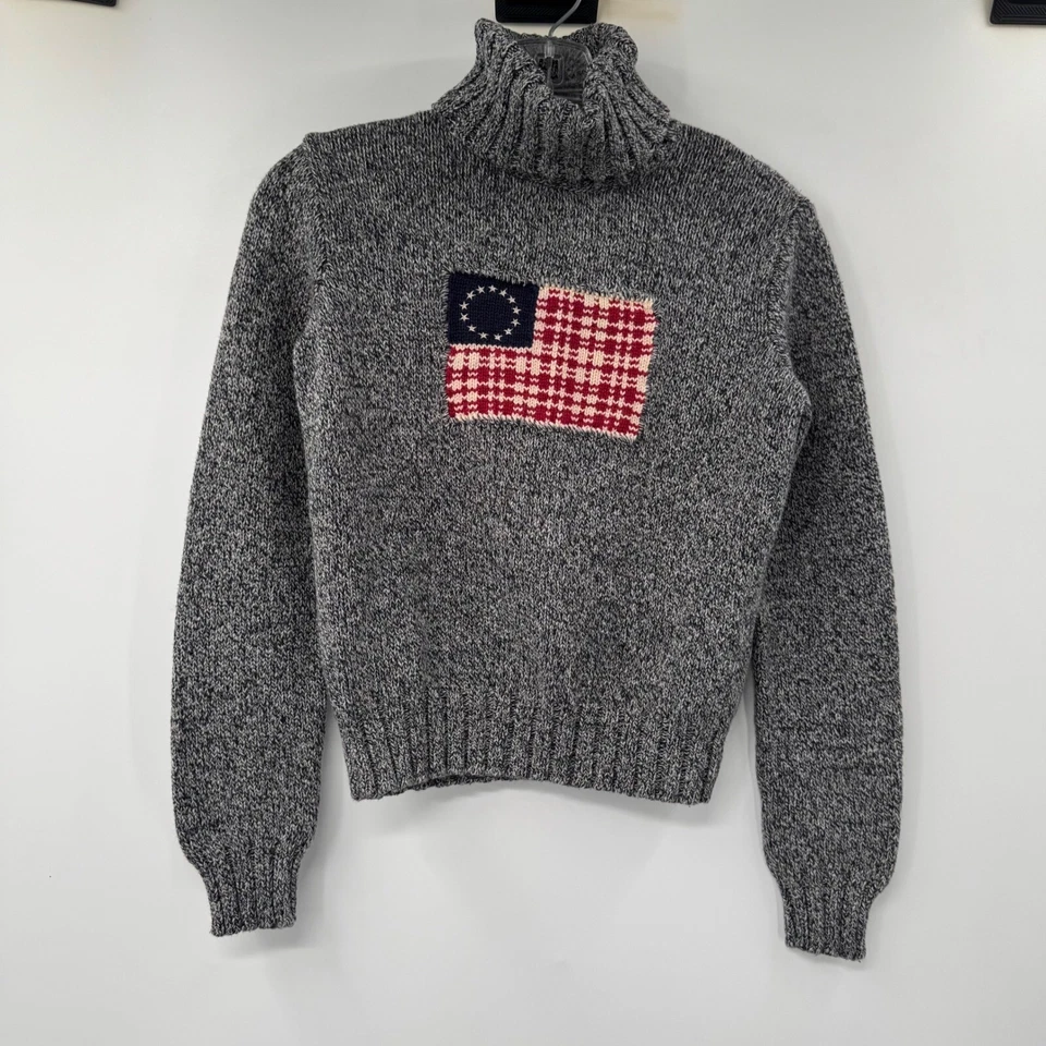 Suéter Ralph Lauren Deportivo Bandera Tejido Cuello Alto Pullover Americana Gris Pequeño Foto 2 de 4