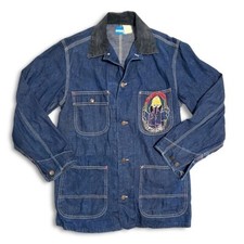 1970s Vintage Embroidered Denim Chore Coat Jean Jacket Hippie Corduroy Collar