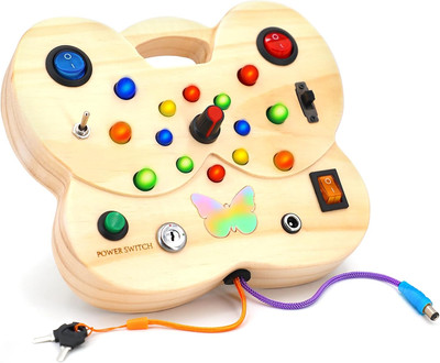Montessori Toddler Busy Board Wooden LED Busy Board with 15 LED Light Switch But