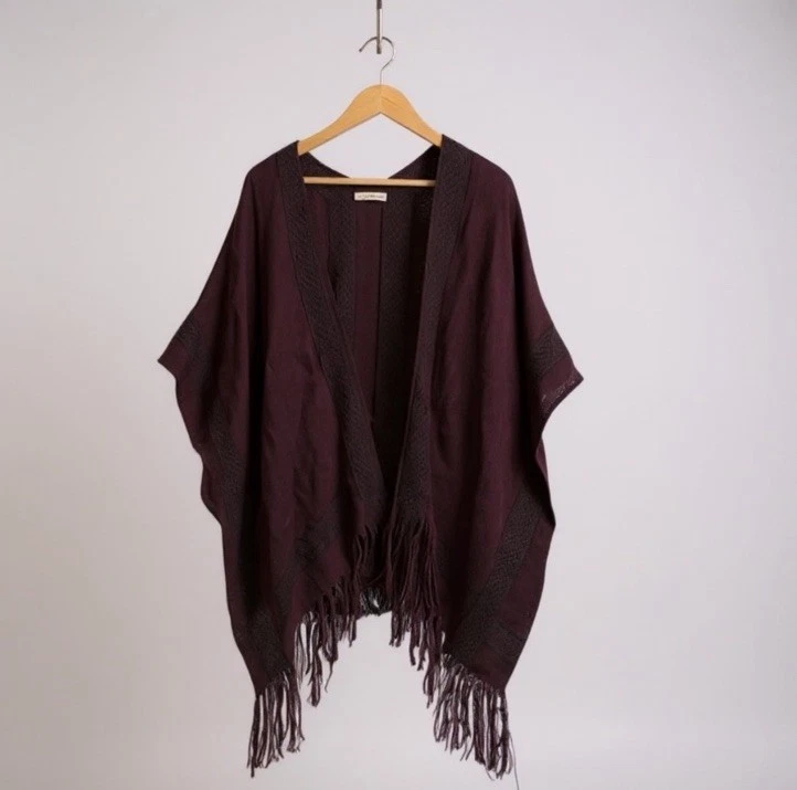 Ulla Johnson Open Front Fringe Burgundy Poncho 100% Baby Alpaca