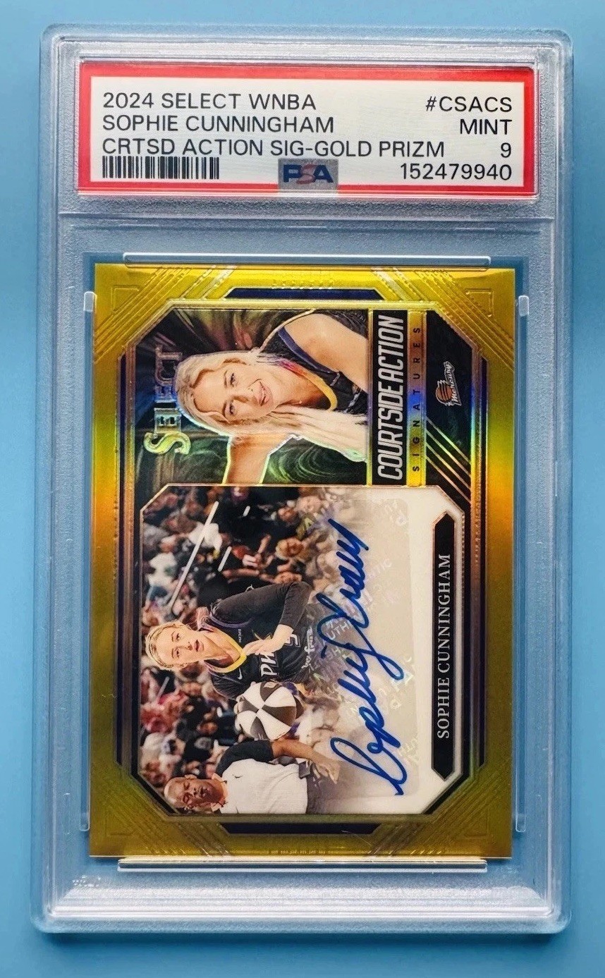 2024 Panini Select Sophie Cunningham Courtside Action Auto Gold Prizm /10 PSA 9 view 1