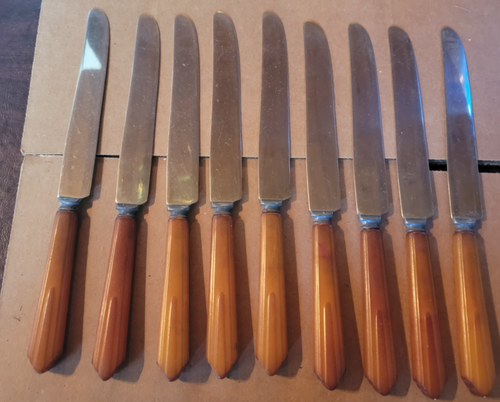 Lotto di 9 coltelli da cucina/burro/cena vintage in bachelite - Foto 4 di 4