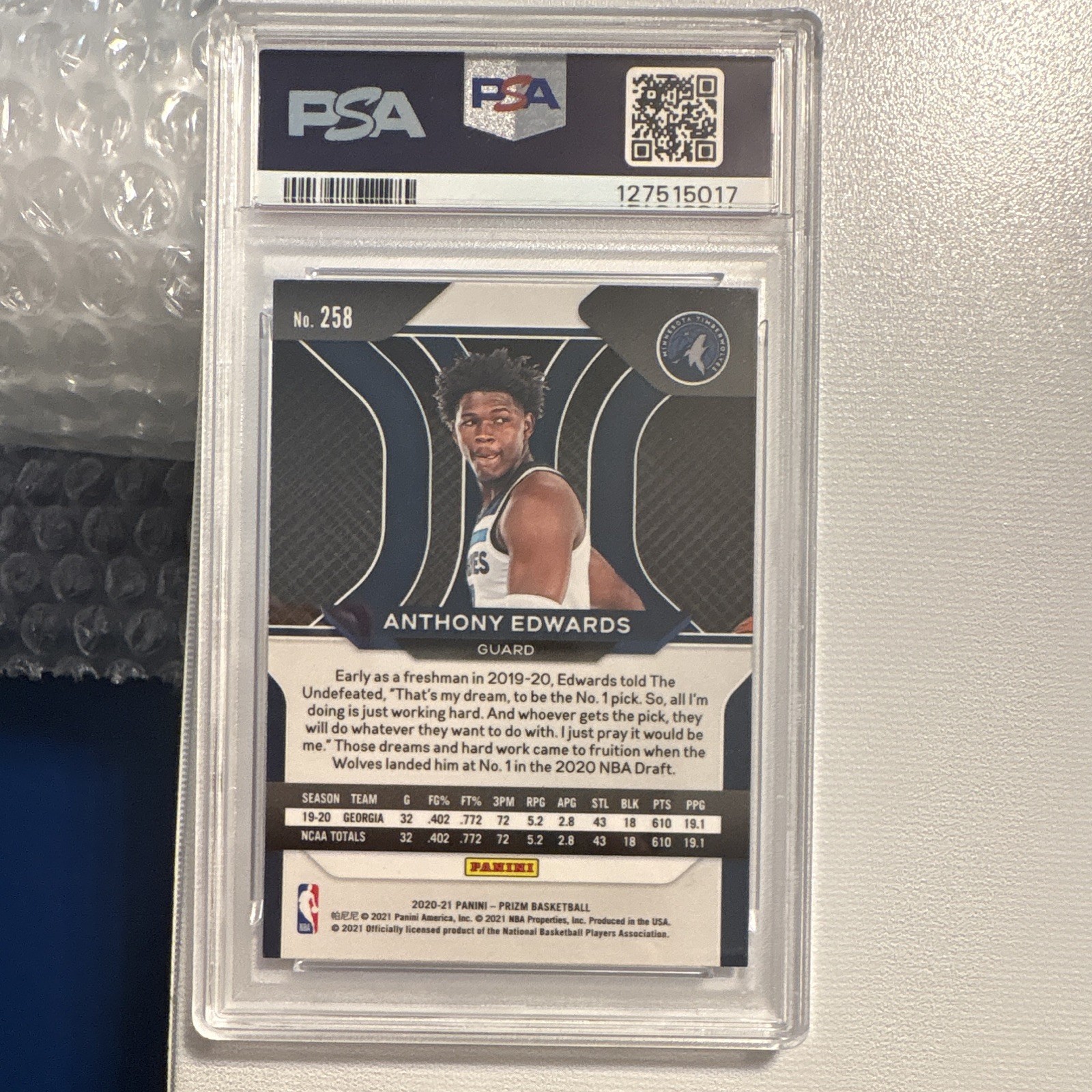 Panini Prizm 2020-21 Anthony Edwards Timberwolves Rookie Base #258 PSA 9 view 2