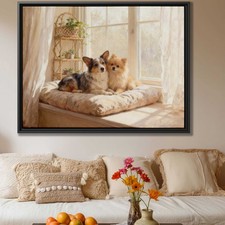 Oil Painting Corgi Dog Canvas Print Framed Dog Art Living Room Decor Pet Artwork