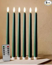 6 Green Flameless Taper LED Candles Remote Timer Battery Operated Used Once