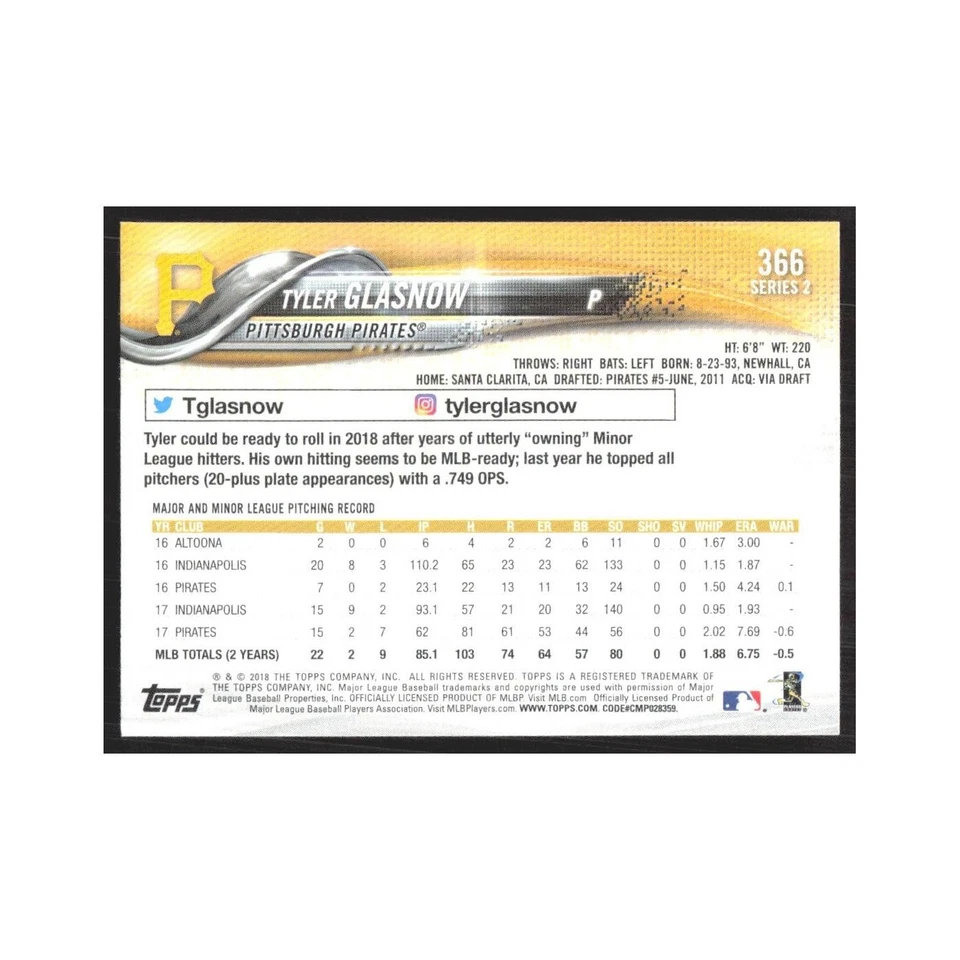 2018 Topps Tyler Glasnow Pirates #366 - Image 2 of 3