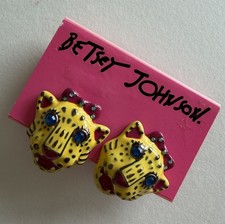 New! Vintage Betsey Johnson Yellow Enamel Cheetah Red Bow Pierced Earrings