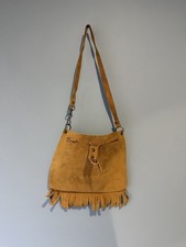 Vintage Suede Leather Fringe Shoulder Bag Boho Western Tan Unlined Minimalist