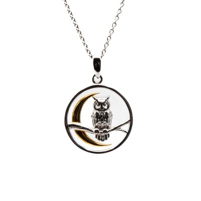 Vintage Eule und Mond 999 Sterling Silber Halskette mit vergoldetem Mond
