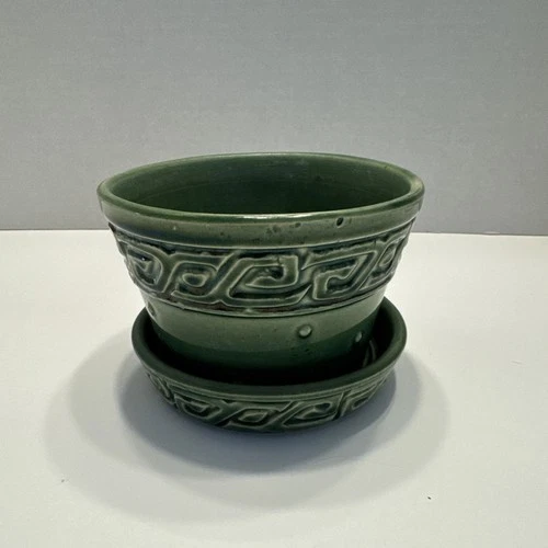 Vintage McCoy Pottery Planter Green Greek Key & Dot Hobnail MCM Functional