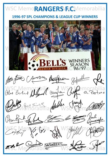 12876. 1996-97 Glasgow Rangers Signed Team Photo Sheet PRINTED AUTOS A4 Double