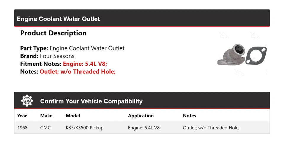 Para 1968 GMC K35/K3500 Pickup 5.4L V8 motor líquido de arrefecimento saída de água 4 estações - Imagem 2 de 4