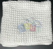 Vintage Owen White Baby Blanket Cotton Waffle Weave Thermal Embroidered Bear USA