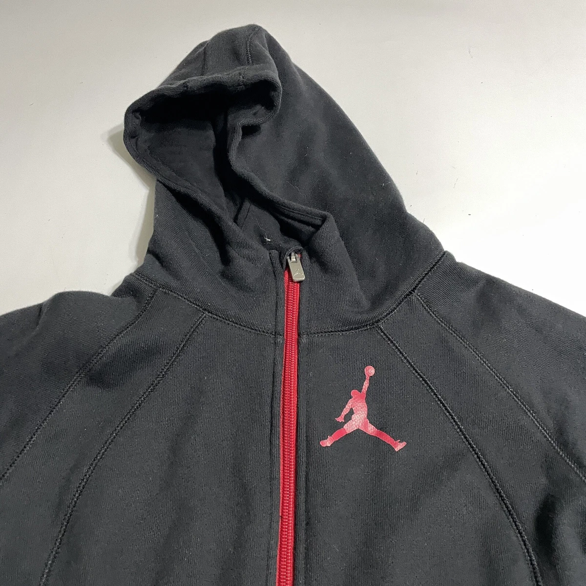 Nike Air Jordan Sweater Jumpman Hoodie Full Zip size Youth Large Black Red Trim