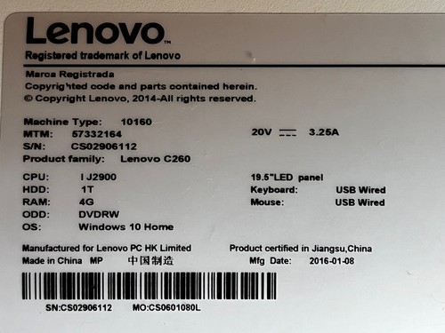 LENOVO C260 INTEL Pentium J2900 2,4GHz/1Tb/4Gb Windows 10 Home computer - Imagen 10 de 10