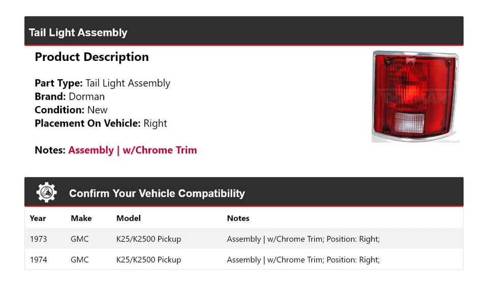 Conjunto de luz trasera derecha para camioneta GMC K25/K2500 1973-1974 Dorman Foto 2 de 4