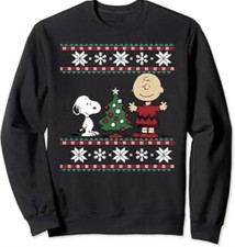 Charlie Brown Snoopy Peanuts Christmas Fair Isle Sweatshirt Tree Gray Medium