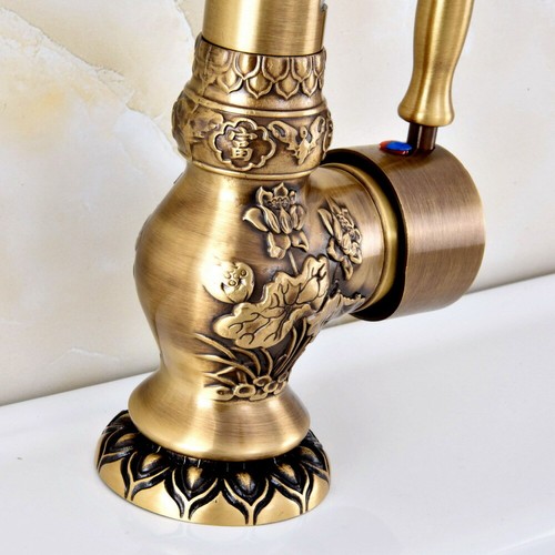 Antique Brass Carved Flower Pattern Kitchen Sink Faucet Swivel Mixer Tap msf127 - Picture 8 of 9