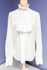 Victorian Style Vtg 80's Laura Mae Wht Tone On Tone High Neck Ruffled Blouse MD