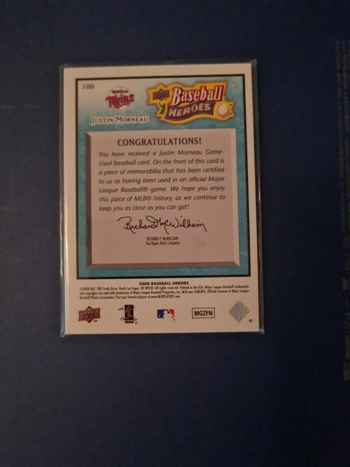 2008 Upper Deck Baseball Heroes Light Blue Memorabilia /200 Justin Morneau #100 - Image 2 of 2