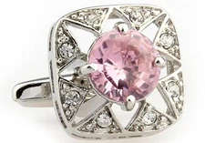 Round Pink Crystal Pair Cufflinks Wedding Fancy Gift Box & Polishing Cloth