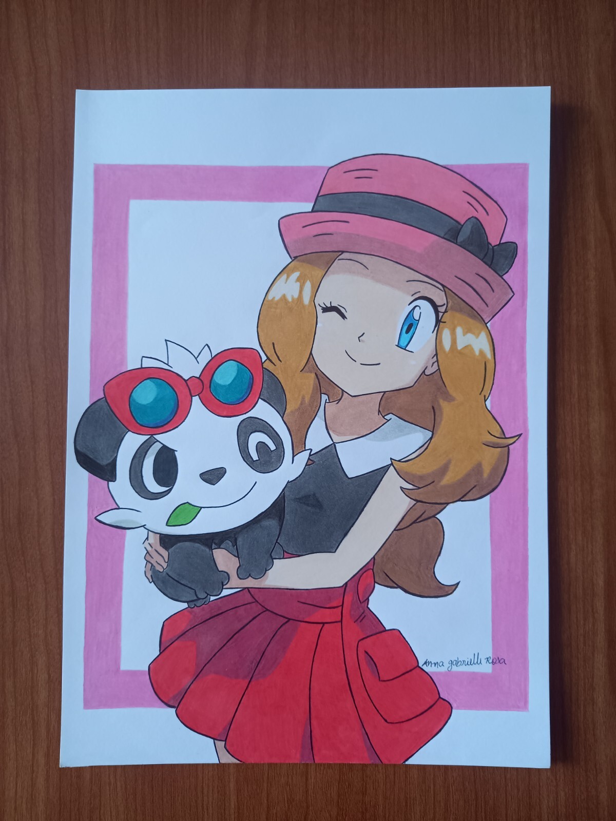 Serena and Pancham From Pokemon Handmade Colored Drawing A4