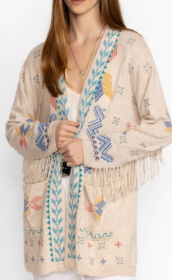New JOHNNY WAS Katie Wool Cashmere Cardigan Fringe Sweater Size M $498