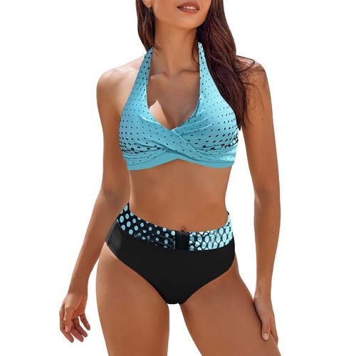 Womens Swimsuits Two Piece High Waisted Bathing Suits Color Block Bikini Sets - 第 44/57 張圖片