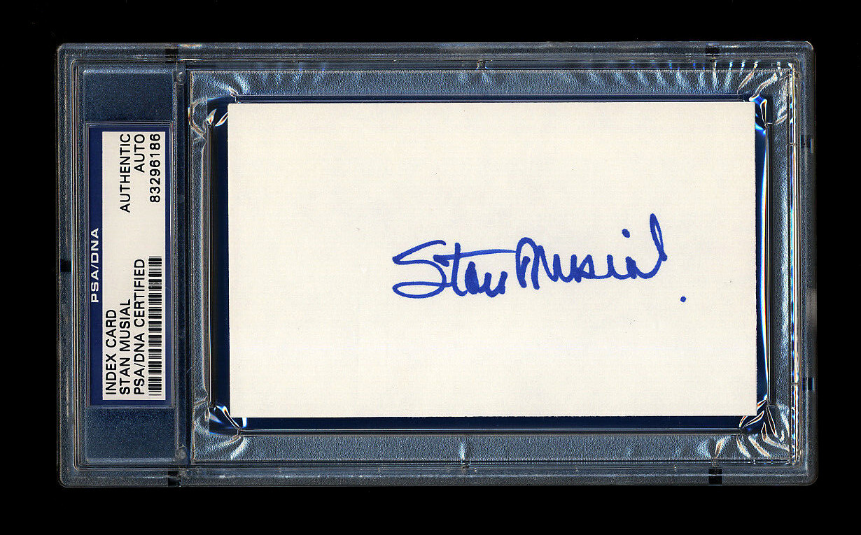 STAN MUSIAL SIGNED MINT INDEX CARD PSA/DNA HOF AUTOGRAPHED ST LOUIS CARDINALS