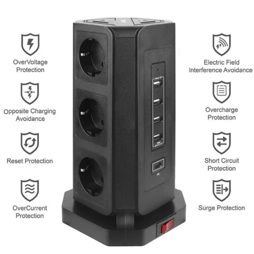 Tower Power Strip Vertical Surge Protection 9 EU Outlets Plug Socket with 4 USB - Picture 4 of 19