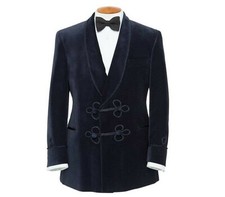 Quilted Blue Smoking Velvet Jacket Men Wedding Dinner Coat  Special Occasion