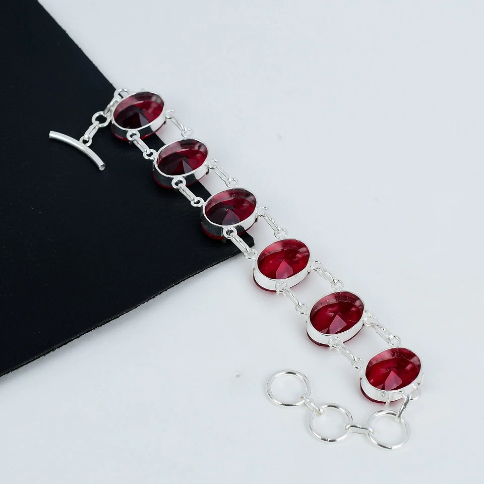 Beautiful Red Ruby Gemstone Bracelet 925 Sterling Silver Jewelry For Love Gifts - Image 4 of 4