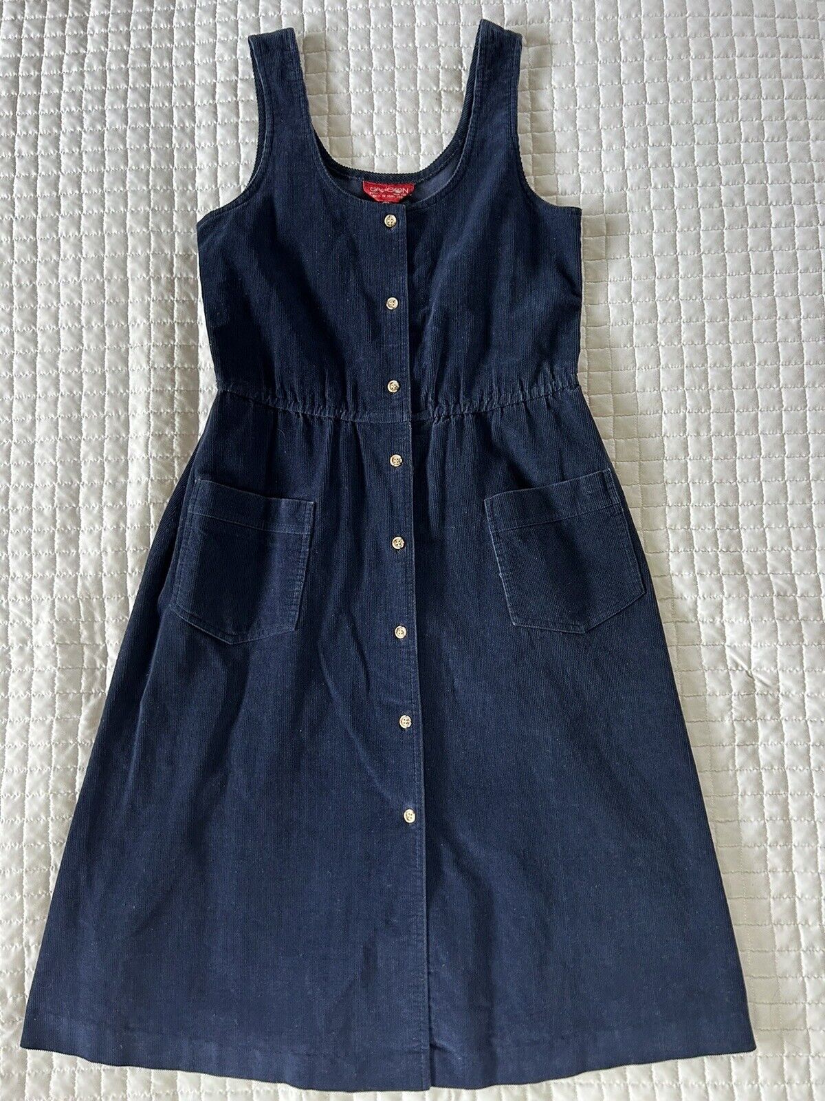 VTG Sasson Corduroy Jumper Dress Button Front Sleeveless Pockets Blue Small Med