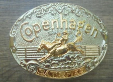 NEW COPENHAGEN SNUFF "SATISFIES" RODEO BUCKLE 2-TONE GOLD ON SILVER SUPER NICE