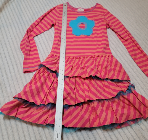 Hanna Andersson Girls Pink Blue Tulle Striped Ruffle Tiered Flower Dress sz 12 - Picture 4 of 11
